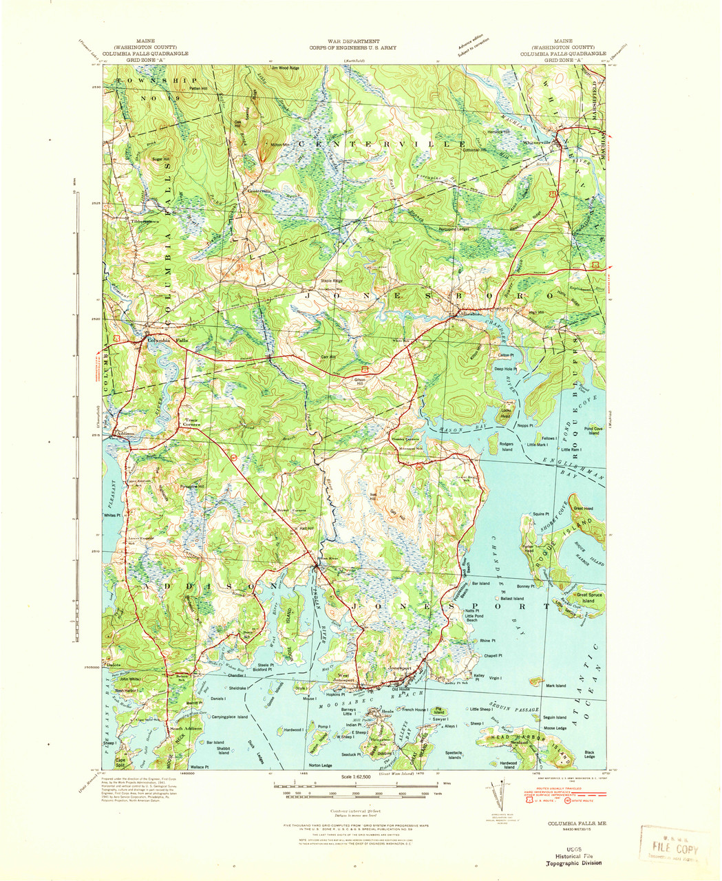 Columbia Falls, Maine 1942 (1942) USGS Old Topo Map 15x15 Quad OLD MAPS