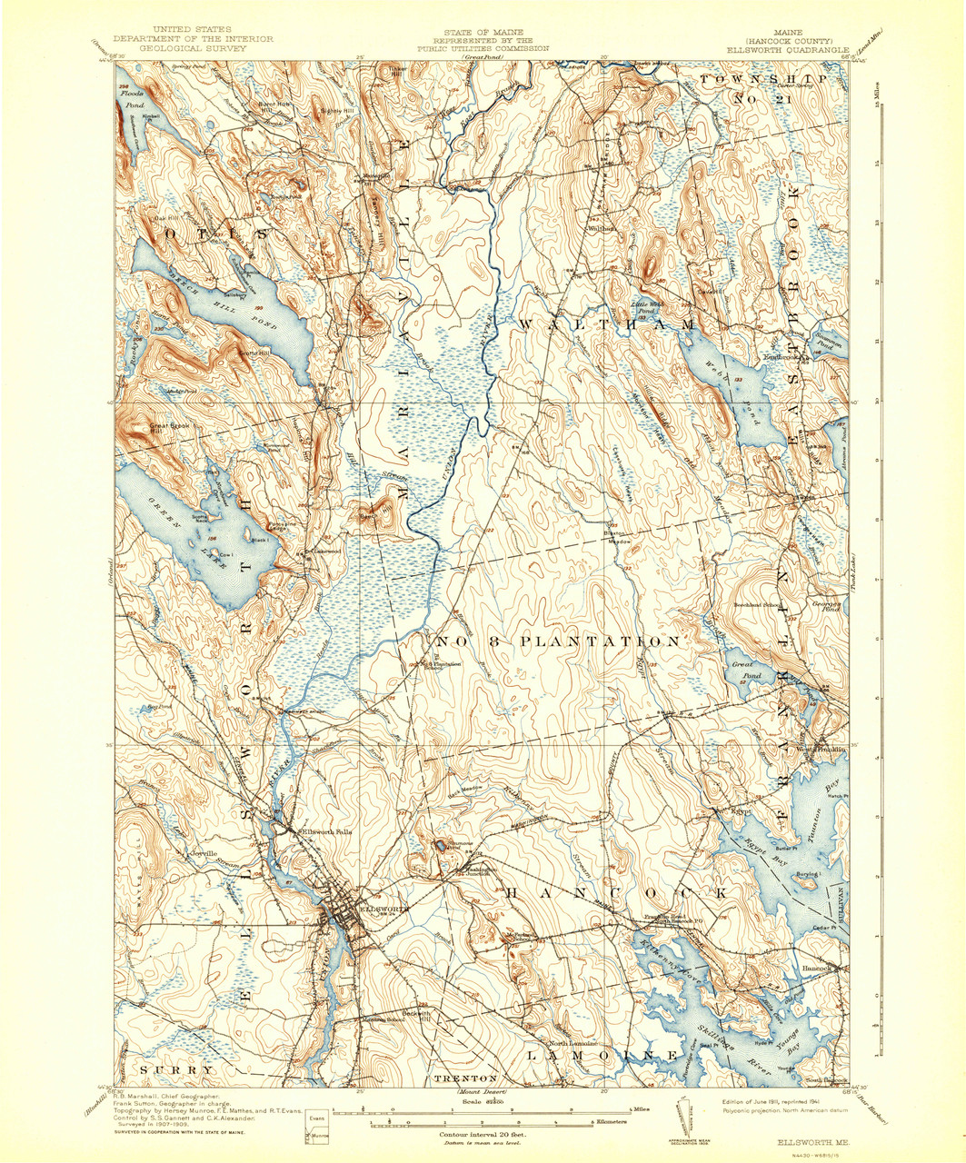 Ellsworth, Maine 1911 (1941) USGS Old Topo Map 15x15 Quad OLD MAPS