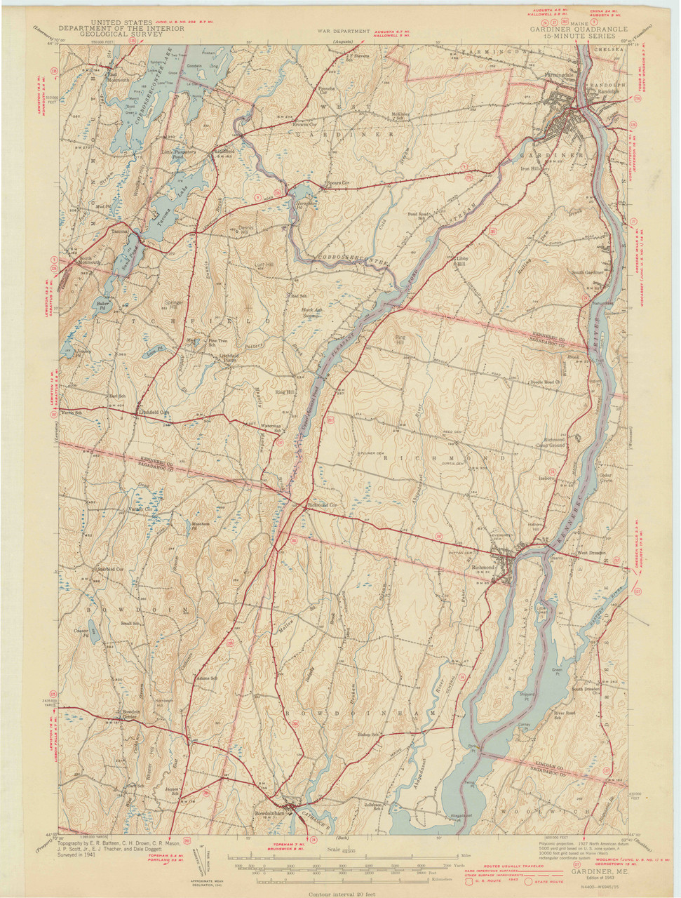Gardiner, Maine 1943 (1943 a) USGS Old Topo Map 15x15 Quad OLD MAPS