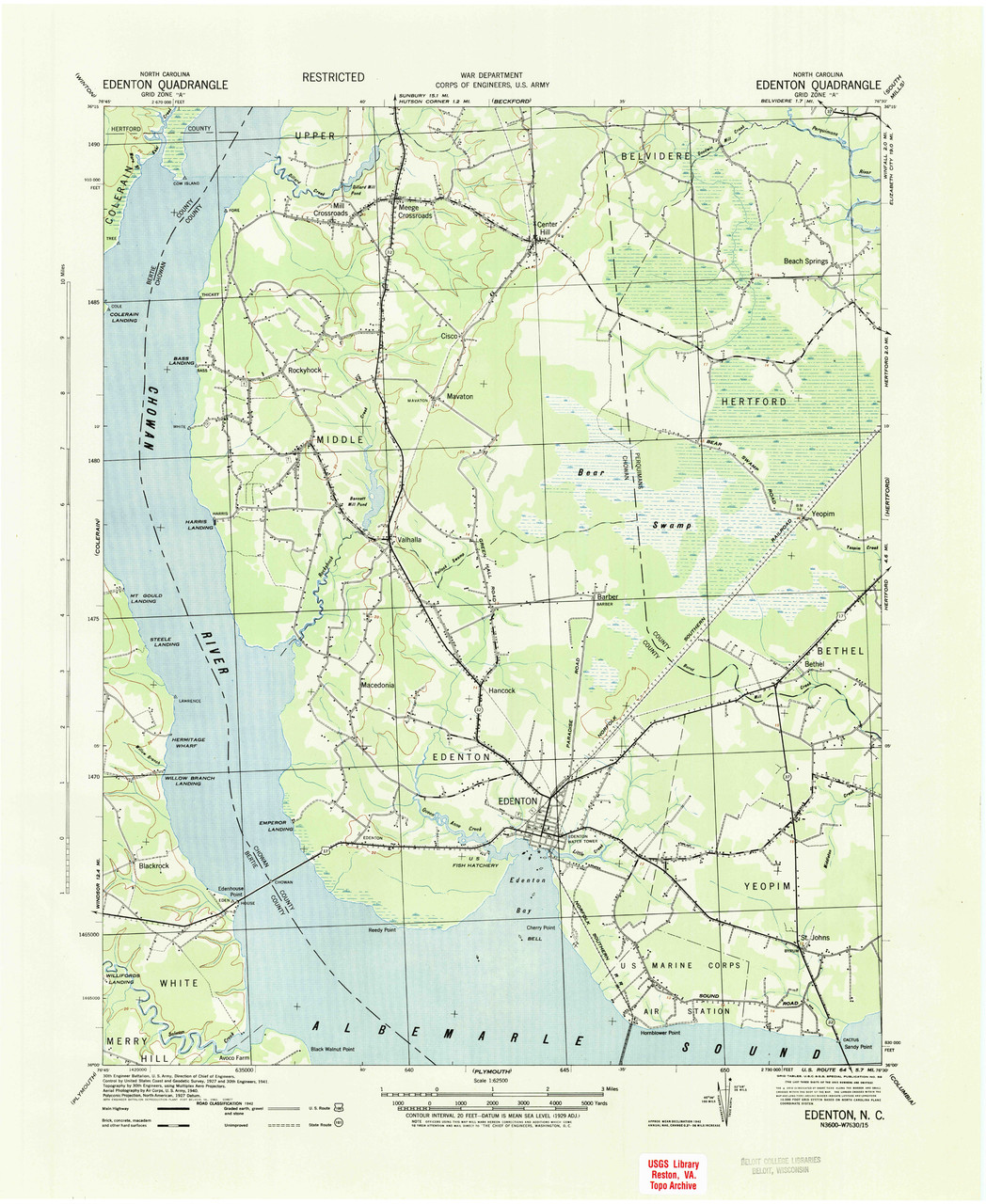 Edenton, North Carolina 1943 (1943) USGS Old Topo Map 15x15 Quad - OLD MAPS