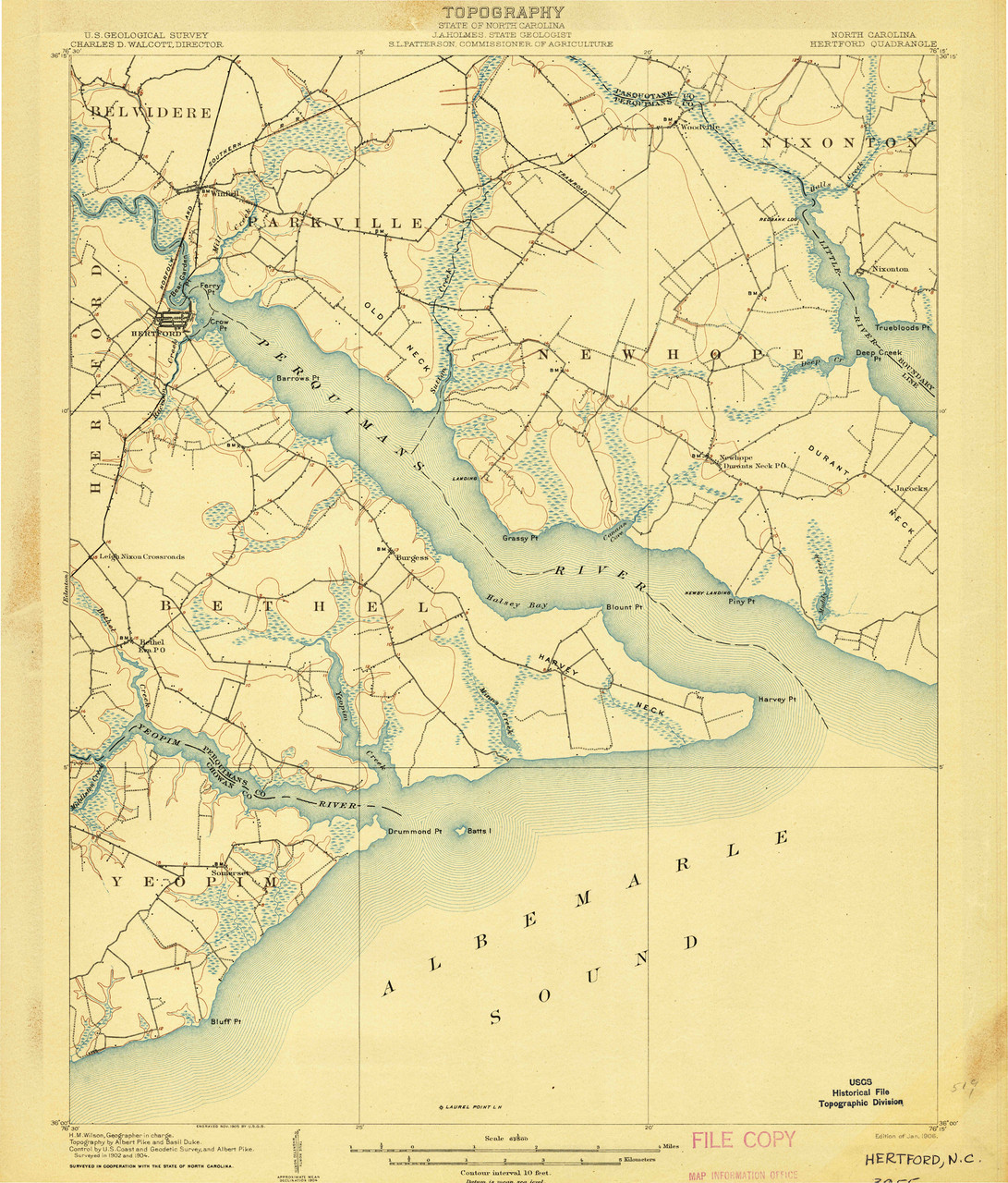 Hertford, North Carolina 1906 (1906) USGS Old Topo Map 15x15 Quad OLD