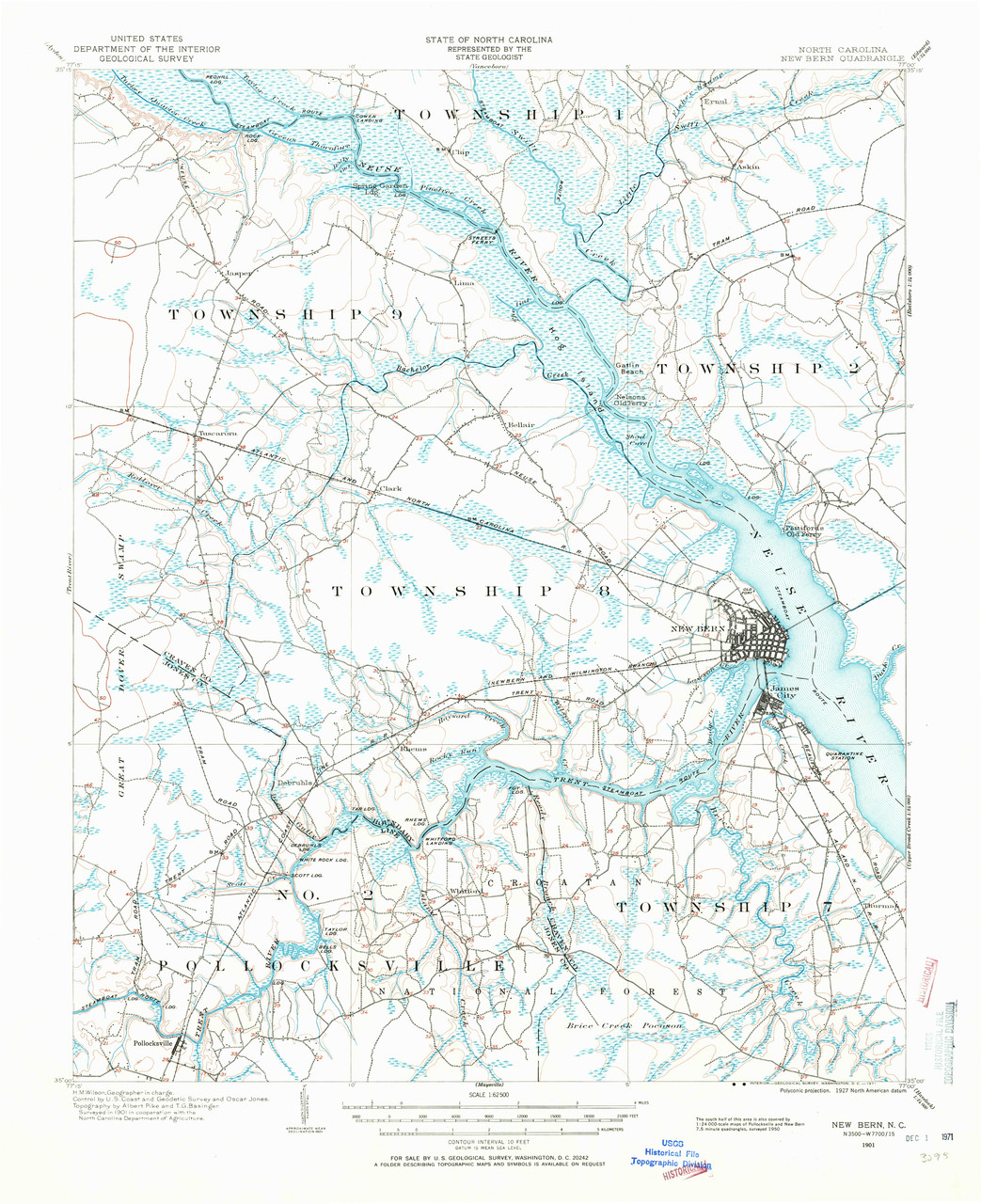 New Bern, North Carolina 1901 (1971) USGS Old Topo Map 15x15 Quad OLD