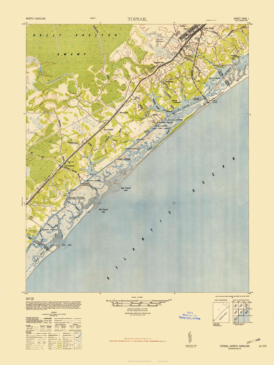 Topsail, North Carolina 1948 (1948a) USGS Old Topo Map 15x15 Quad OLD