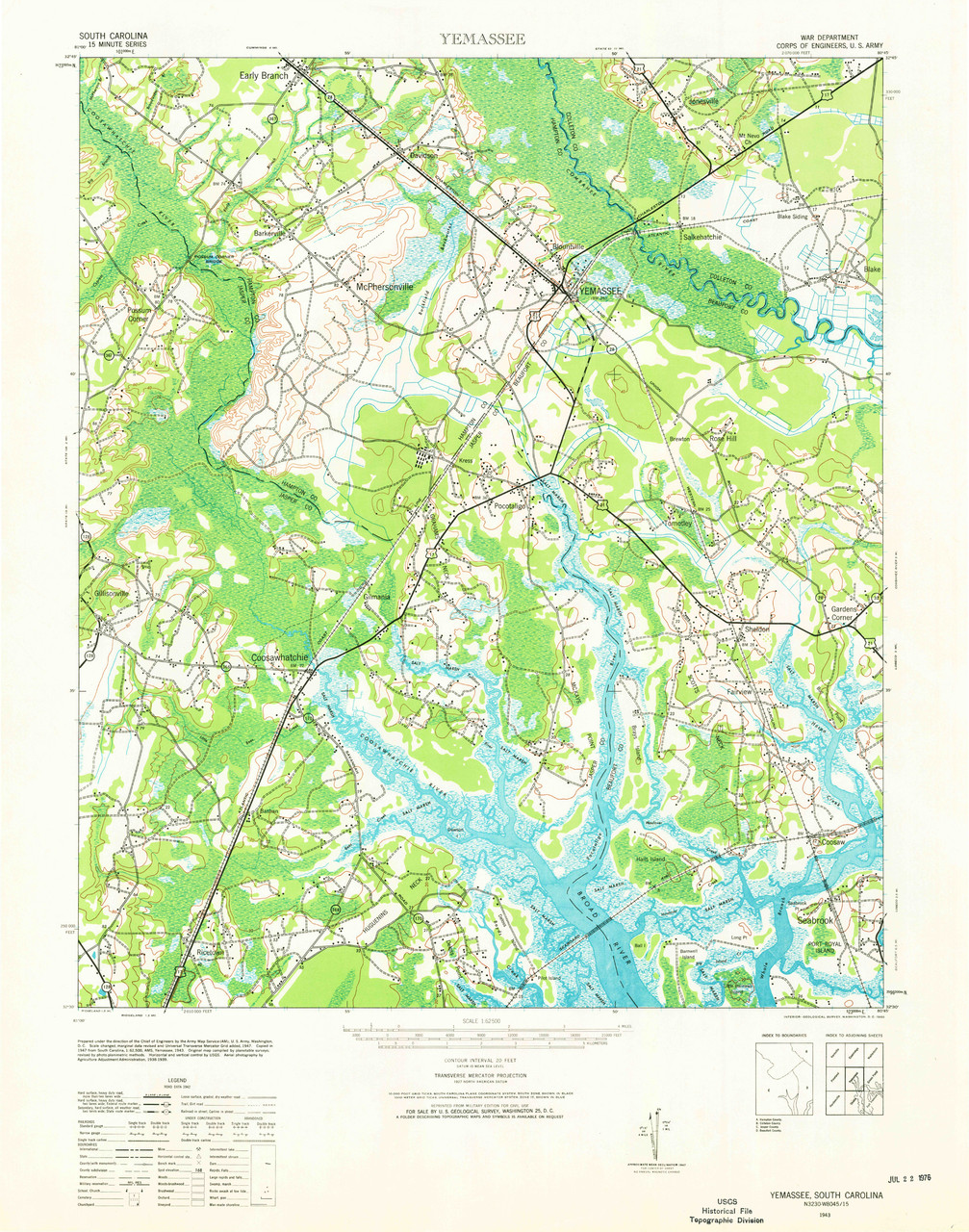 Yemassee, South Carolina 1943 (1960a) USGS Old Topo Map 15x15 Quad OLD MAPS