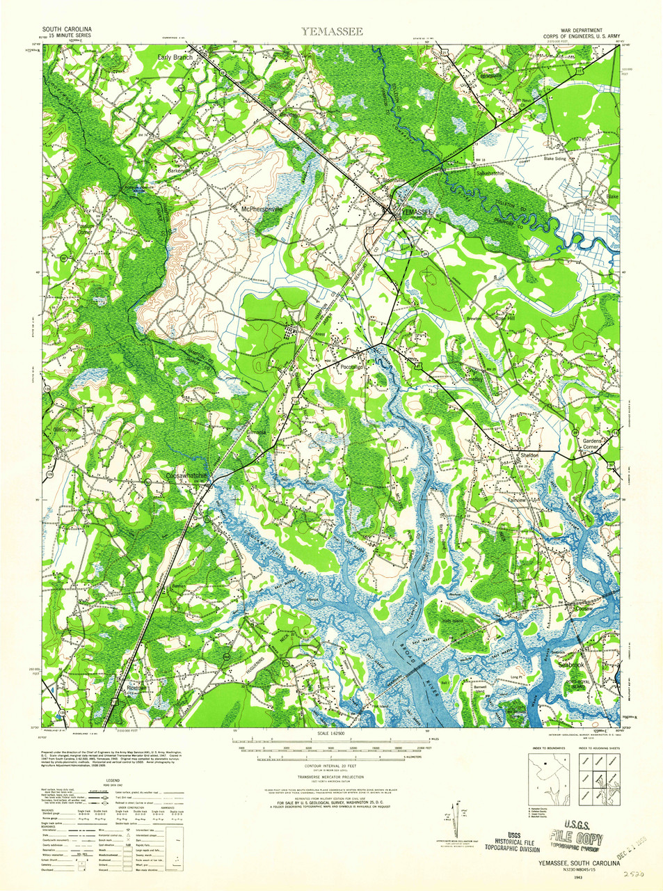 Yemassee, South Carolina 1943 (1960b) USGS Old Topo Map 15x15 Quad OLD MAPS