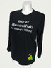 Silver text / black shirt