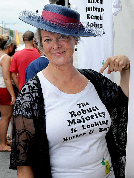 black text / white t-shirt