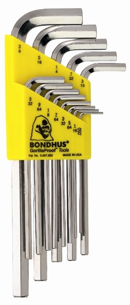 sizes 1/16-1/4-Inch Short Length Bondhus 12238 Set of 10 Hex L-wrenches 