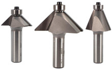 Whiteside 3 Piece Chamfer Bit Set includes Whiteside's most popular sizes,  2305, 2306 and 2307. Each piece has a 1/2 shank, Carbide Tipped, 45° angle for the standard Chamfer and 22-1/2° for the Edge Bevel Chamfer bit. Whiteside is an  product with an outstanding reputation.