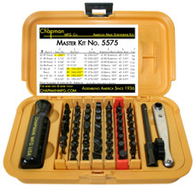 Chapman Made in the U.S.A master kit 5575 is all you need! This 53pc set includes the most used bits, a screwdriver handle and the popular Midget Ratchet. Each bit is made from tool grade steel, heat treated & black oxide coated. American made and superior quality at it's finest!