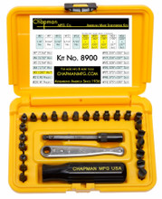 Chapman Made in the USA 27pc set contains 12 Gunsmithing style hollow ground straight sided slotted bits, 10 Allen Hex bits, 2 Phillips bits, a screwdriver handle and the popular Midget Ratchet. Each bit is made from tool grade steel, heat treated & black oxide coated. This set was created for gunsmiths, machinists and hobbyists world wide. American made and superior quality at it's finest!