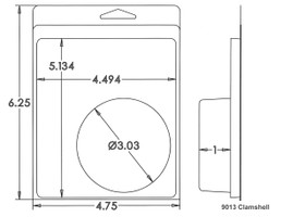 Outside Dimensions:
Width- 4.7500
Height- 6.2500

Inside Dimensions:
Width- 4.4940
Height- 5.1340
Depth- 1.0000
Diameter- 3.0300   
  
# of Cavities  1 round