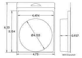 Outside Dimensions:
Width- 4.7500
Height- 6.2500

Inside Dimensions:
Width- 4.4940
Depth- .9370
Diameter- 4.1250
    
# of Cavities  1 round