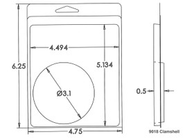 Outside Dimensions:
Width- 4.7500
Height- 6.2500

Inside Dimensions:
Width- 4.4940
Height- 5.1340
Depth- .5000
Diameter- 3.1000 
 
# of Cavities  1 round