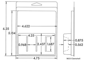 Outside Dimensions:
Width- 4.7500
Height- 6.2500

Inside Dimensions:
Width- 4.2500
Height- 2.4370
Depth- .8750 

# of Cavities  4 divided