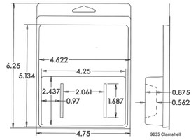 Outside Dimensions:
Width- 4.7500
Height- 6.2500

Inside Dimensions:
Width- 4.2500
Height- 2.4370
Depth- .8750 

# of Cavities  3 divided