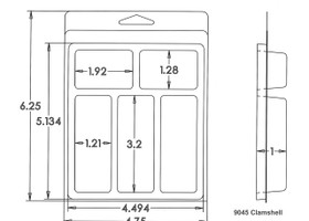 Outside Dimensions:
Width- 4.7500
Height- 6.2500

Inside Dimensions:
(3 cavities)
Width- 1.2100
Height- 3.2000
Depth- 1.0000
(2 cavities)
Width- 1.9200
Height- 1.2800
Depth- 1.0000

# of Cavities 3 + 2