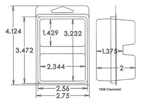 Outside Dimensions:
Width- 2.7500
Height- 4.1240

Inside Dimensions:
Width- 2.3440   
Height- 1.4290
Depth- 2.0000

# of Cavities  2 equal