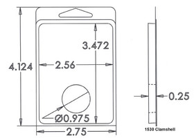 Outside Dimensions:
Width- 2.7500
Height- 4.1240

Inside Dimensions:
Width- 2.5600
Height- 3.4720
Depth- .2500
Diameter- .9750
 
# of Cavities  1 round