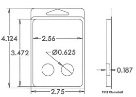 Outside Dimensions:
Width- 2.7500
Height- 4.1240

Inside Dimensions:
Width- 2.5600
Height- 3.4720
Depth- .1870
Diameter- .6250 
  
# of Cavities  2 equal round