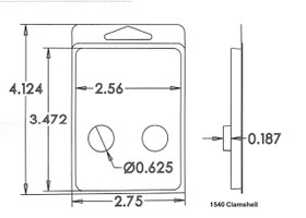 Outside Dimensions:
Width- 2.7500
Height- 4.1240

Inside Dimensions:
Width- 2.5600
Height- 3.4720
Depth- .1870
Diameter- .6250
     
# of Cavities  2 equal round