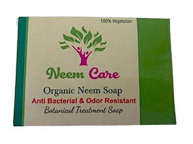 Organic, 100% vegetarian NeemCARE soap containing a minimum of 25% neem oil. Excellent for oily and sensitive skin. All ingredients derived from natural sources.  Cruelty free, no synthetic colours, fragrance or preservatives are used. Contains NO ANIMAL FAT. For external use only. 100g net weight when packed.

Directions for Use: Apply NeemCare Organic Herbal Soap onto the skin and rub gently to develop a rich lather. Rinse off thoroughly.  100g  nett weight when packed.

Ingredients: Neem Extract, Amla Extract, Karanj Beej extract, Glycerine, Titanium Dioxide, EDTA, Butaylated Hydroxy Toluene, Soapnut, natural perfume and colour.

Store in a cool, dry place and protect from heat and sunlight.