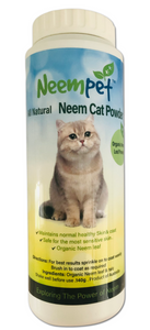 Organic neem leaf powder blended with talc used as an excellent grooming aid to help maintain  your cats' healthy skin and coat.

 INGREDIENTS:  Organic Neem Leaf Powder, Talc (non-asbestos)