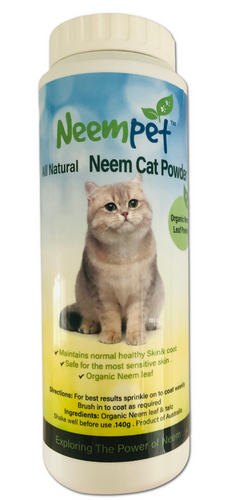 Organic neem leaf powder blended with talc used as an excellent grooming aid to help maintain  your cats' healthy skin and coat.

 INGREDIENTS:  Organic Neem Leaf Powder, Talc (non-asbestos)