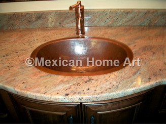 Copper Bathroom Vanity sink in Cafe patina for KT 45 degree view installed