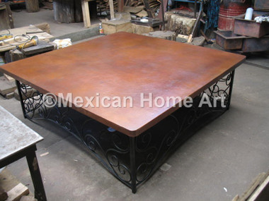 Hand Hammered Copper Coffee Table 48 inch square with Hand Forged Wrought Iron "Hearts" base for MR