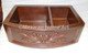 Handcrafted 33x22x10x8 Copper Farmhouse Sink 60/40 Rounded Front with Custom "Hooks" Design shown in Cafe Patina
