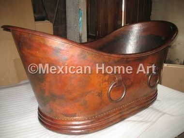 Copper Double Slipper Bathtub 72x35 with Rings in Somber Patina