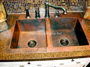 Copper Drop-In Sink Double Well 33x22x10 w/4" Back Lip somber patina installed front view