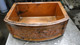 Copper Farmhouse Sink Single Well Rounded Front 33X22X10 somber patina with motif