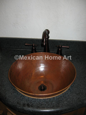Copper Vanity Vessel Sink Round 16X6 somber patina front view installed