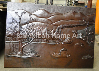 Copper BackSplash with scenery motif somber patina