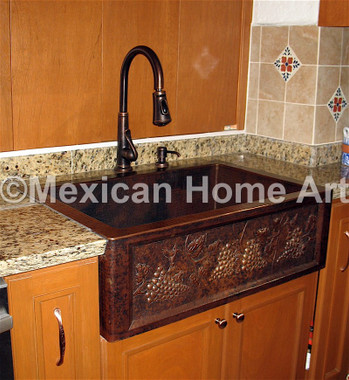 Custom Copper Single Well Farmhouse Sink for DS somber patina corner view installed drop in granite counter top