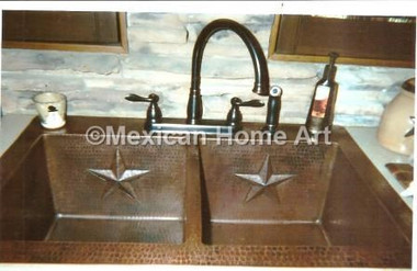 Custom Copper Double Well Kitchen Sink  with star motifs for CS installed somber patina