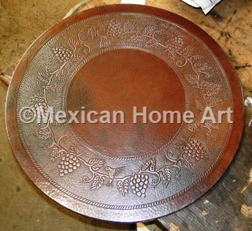 Custom Copper Table Top with Grapes and Humming Bird Antique Patina Motif on Somber Patina background