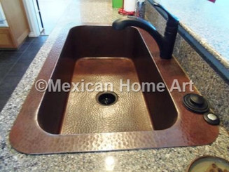 Custom Copper Single Well Drop In Sink with wide rims Somber Patina Installed 3.5 inch drain