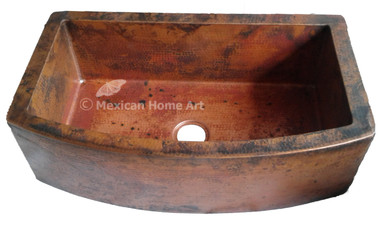 Copper Farmhouse Sink Single Well Rounded Front 36X22X10 Old Natural Patina 3.5 inch drain hole front view
