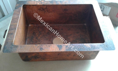 Copper Drop In Single Well Sink 25x18x9 Old Natural Patina front view 3.5 inch drain hole