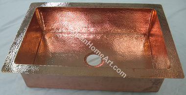 Copper Drop In Single Well Sink 30x20x9 Shiny Patina front view 3.5 inch drain hole