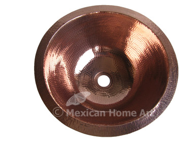 Copper Vanity Bath Sink Round 15x6 Shiny Patina top view 1.5 inch drain hole