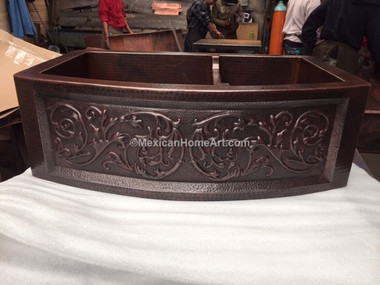 Rounded front 60/40 farmhouse Copper Sink with standard Apron Front Motif somber patina