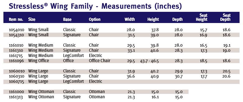 Stressless Wing Recliner Measurements and Dimensions.