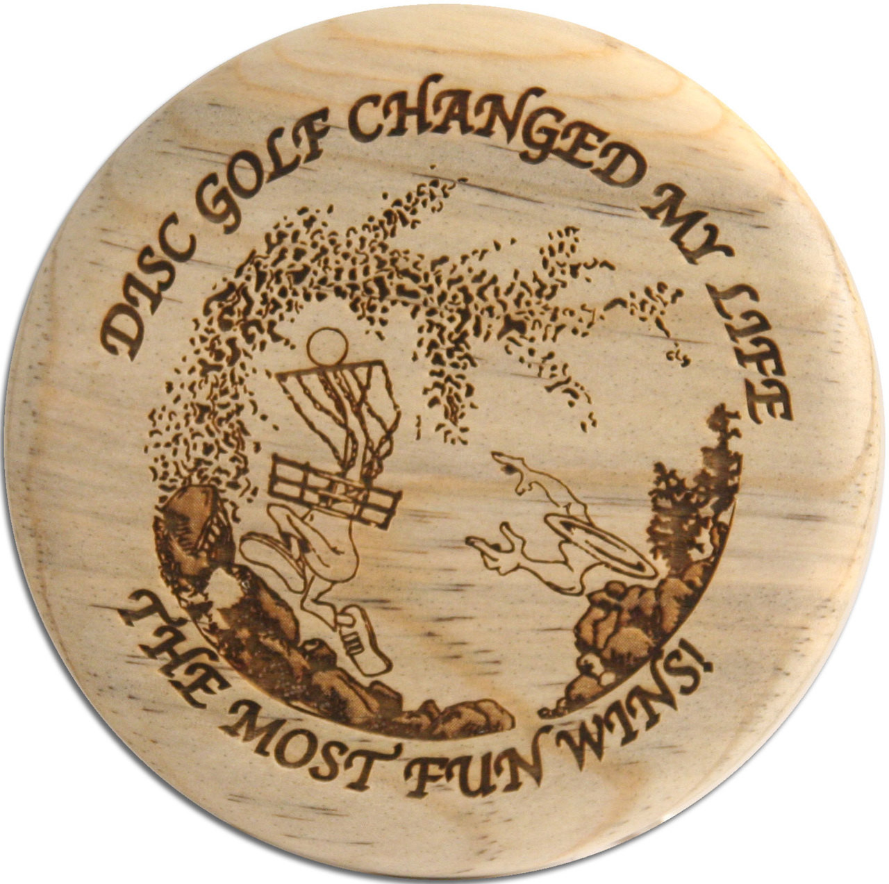 wood disc golf changed my life marker mini trophy or coaster the