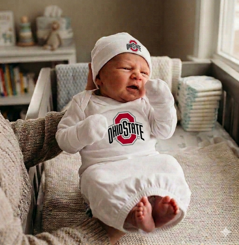 Ohio State Buckeyes Officially Licensed Baby Layette Gown and Beanie Cap- White