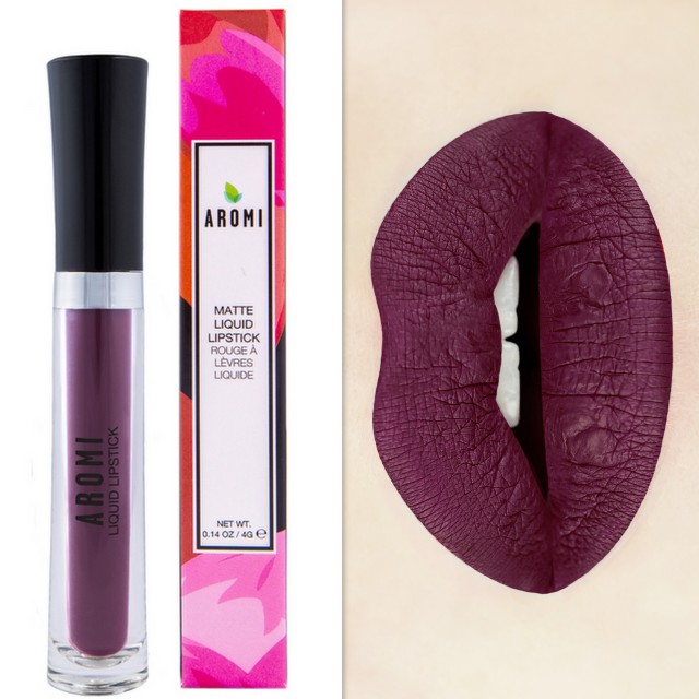 Aromi black cherry matte liquid lipstick - swatch and tube