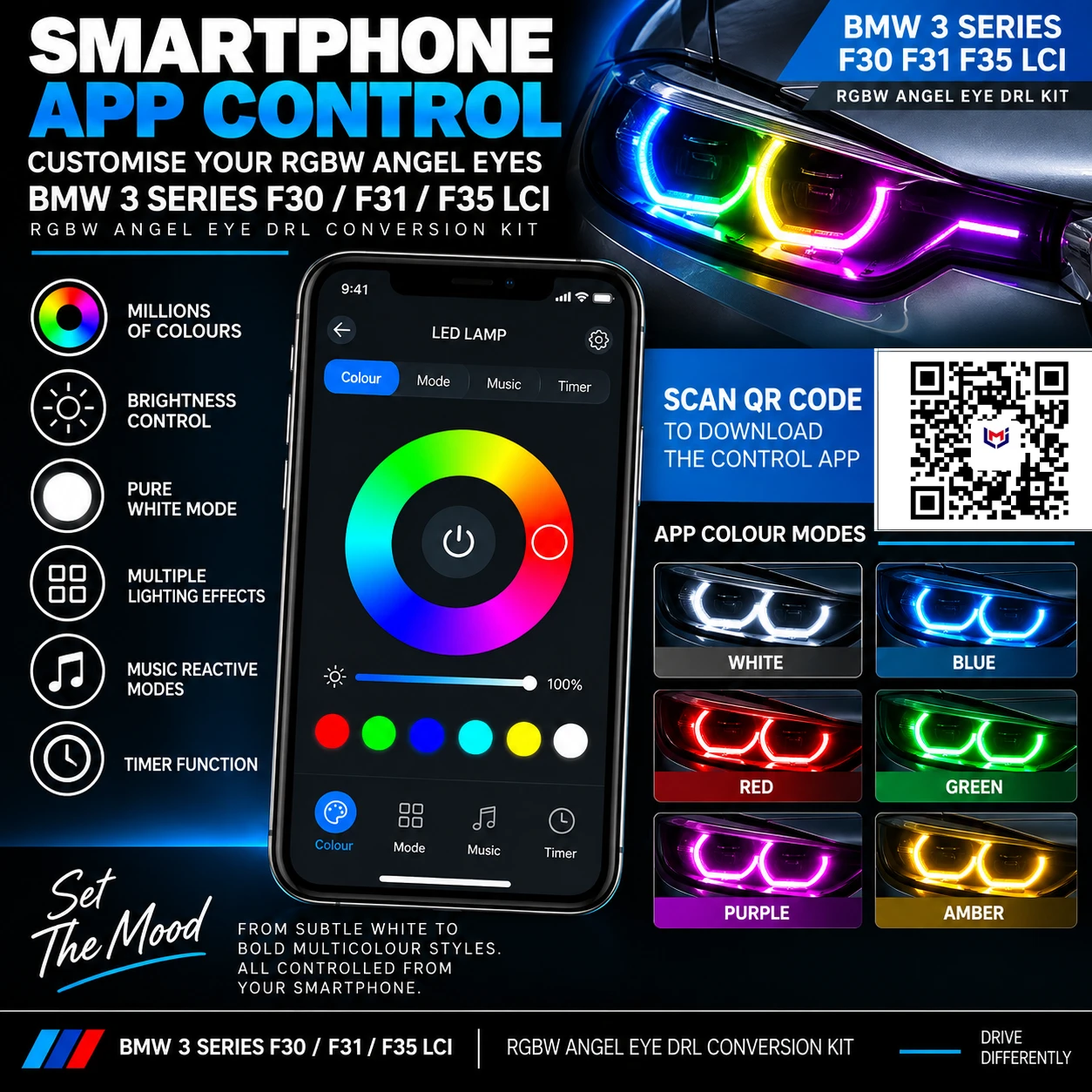 BMW F30 F31 F35 RGBW Angel Eye DRL smartphone app control and working QR code